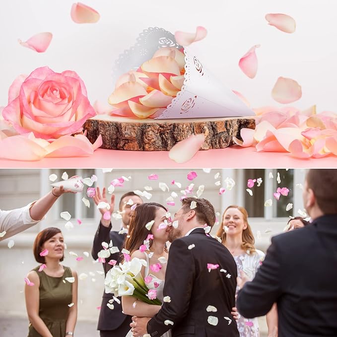GWHOLE 100 Pcs Rose Confetti Petal Cone for Wedding Party, White