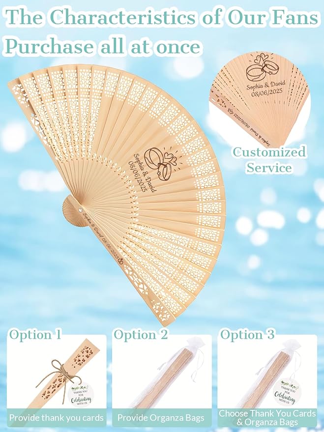 50Pcs Personalized Folding Hand Fans Custom Engraved Summer Wedding Fans,Personalized Wooden Fans Party Favor Bridal Shower Gifts for Guests