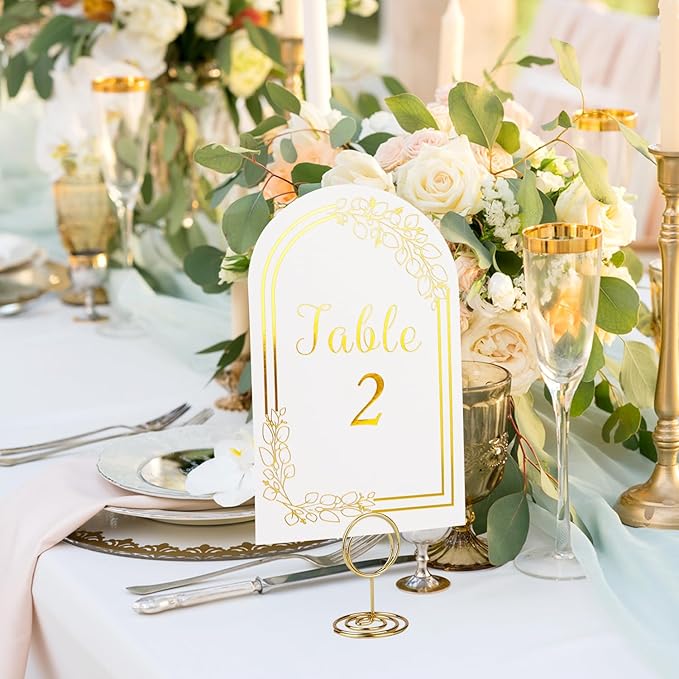 Wedding Table Numbers 1-30, 30 White Gold TableNumber Cards with 30 Gold Number Holders, 1 Set of 30 Table Numbers for Wedding Reception(Card and Holder)