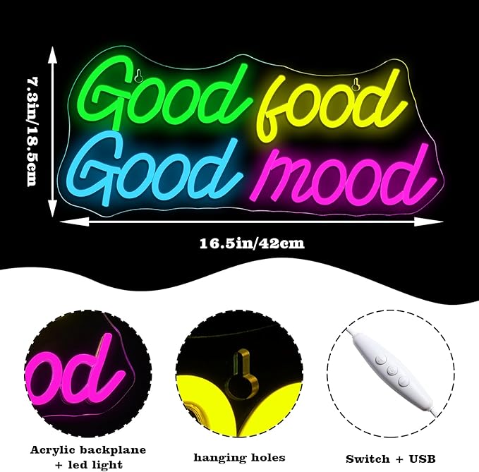 Looklight Good Food Good Mood Neon Sign,Letter Neon Signs for Wall Decor,Colorful Dimmable Neon Lights,USB Led Neon Signs for Kitchen Fast Food Shop Cafe Restaurant Store