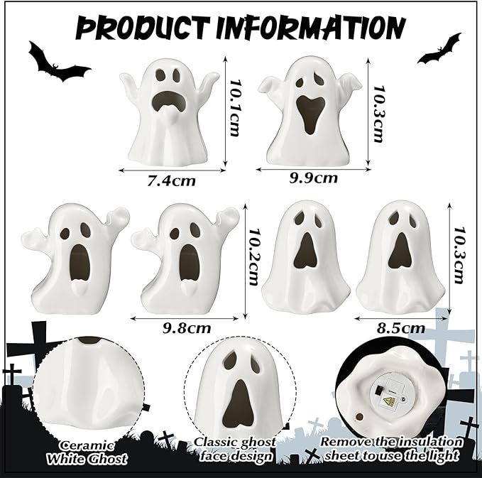 Wesiti 6 Pcs Ceramic Ghost Light up Halloween Decorations Indoor Small White Ghost Figurines Gothic Home Decor Spooky Statue Gift for Desk Tabletop Centerpieces Party Props