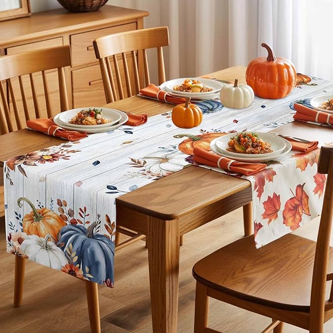 Thanksgiving Fall Cotton Linen Table Runner for Dining Kitchen, Pumpkins Eucalyptus Wedding Outdoor Party Tablerunners Decoration Farmhouse Wooden Dresser Scarf Coffee Tablecloth Runners 13x120 Inches