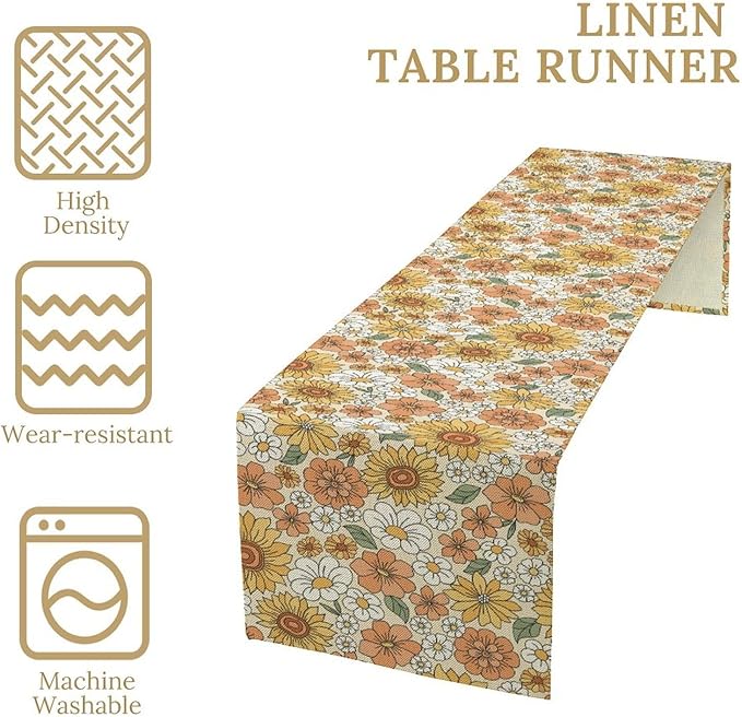 Vintage Floral Table Runner,Boho 70s Style Retro Daisies Flower Table Runner for Kitchen Dining Table Home Party Decoration 13x108 Inch