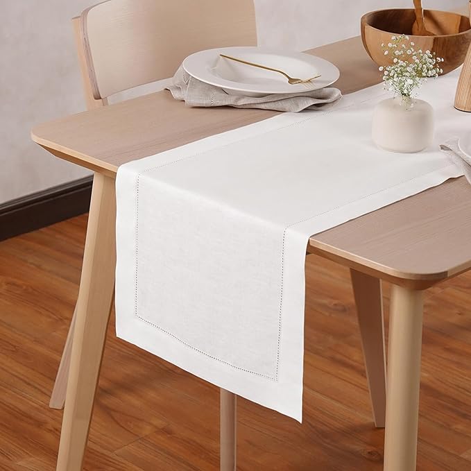 White Table Runner 72 inches Long – 100% Pure Linen Hemstitch 14 x 72 Inch Table Runner for Dining, Spring, Summer, Wedding Decorations, Gift – Elara