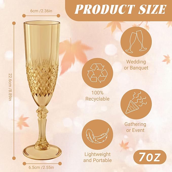 Plastic Champagne Flutes, 24PCS Gold Wine Glasses Goblets Cups Reusable Flute, for Weddings Bachelor Parties Toasting and Events(24, Gold)