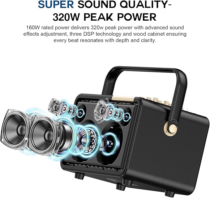 L400 Professional Karaoke Machine with 2 UHF Wireless Microphones for Adults, 320W Peak Bluetooth Speaker PA System with Bass/Treble Adjustment for Home Party Wedding Outdoor Christmas Events