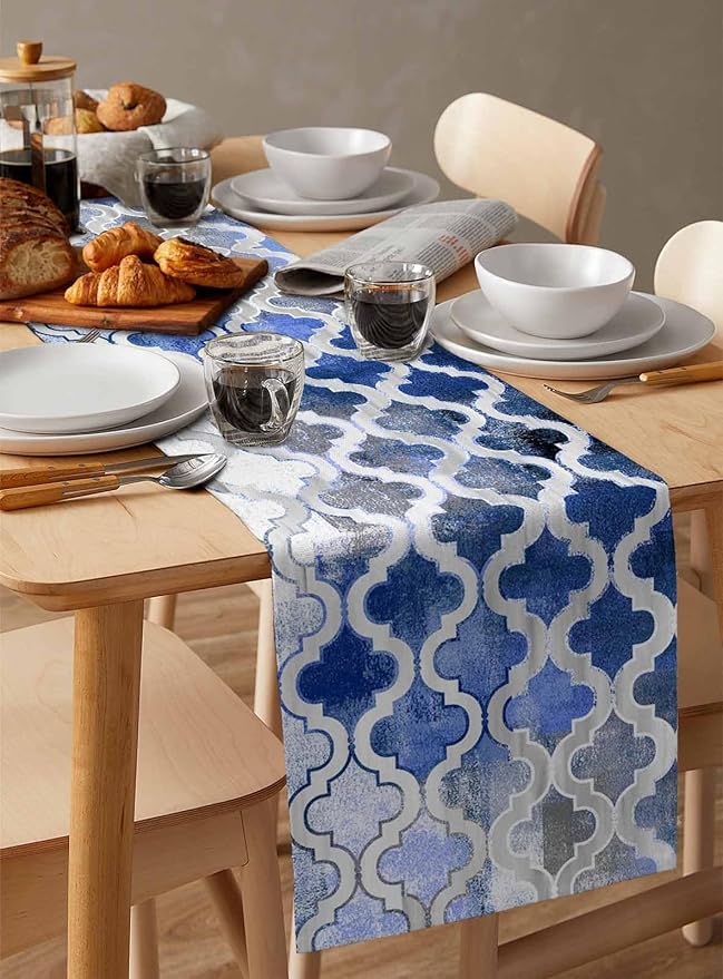 Blue Morocco Plaid Cotton Linen Table Runner for Dining Kitchen, Wedding Outdoor Party Tablerunners Decoration, Distressed Abstract Painted Vintage Dresser Scarf Coffee Tablecloth Runners 13x72 Inches