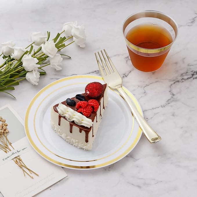 BESTVIP 150PCS Plastic Dinnerware Set (25 Guests), Gold Disposable Plates for Party, Wedding, Christmas, Anniversary, Includes: Dinner Plates, Dessert Plates, Cups, Spoons, Forks and Knives