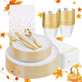 Festiva 176Pcs White and Gold Plastic Plates - White with Gold Rim Fall Dinnerware Set - 25Guest include Plates Cups Cutlery Napkins for Fall Party&Wedding& New Year&Thanksgiving