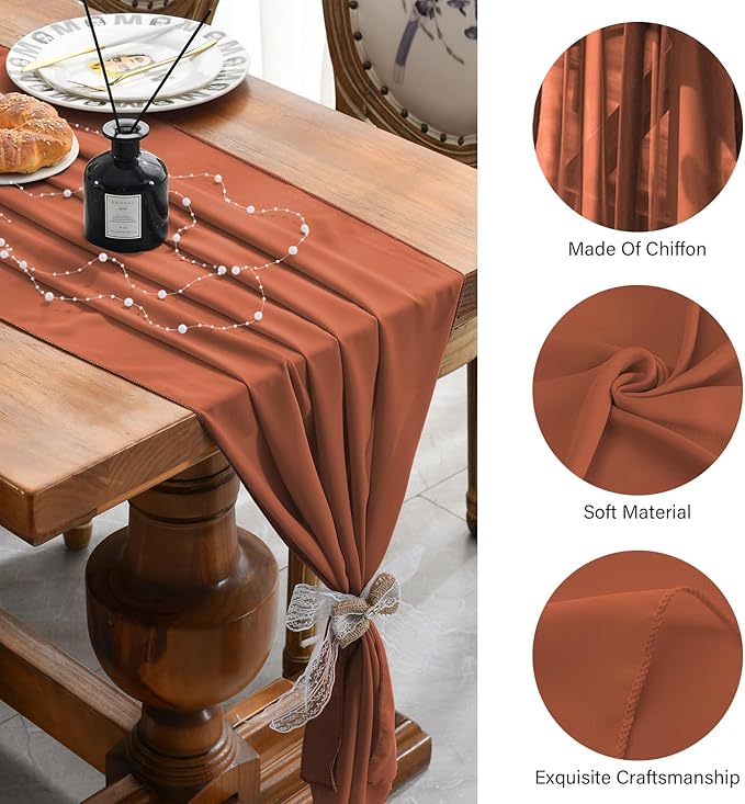10 Pack 10 Ft Chiffon Table Runner Rust Gauze Long Table Runners 27x120 Inches Sheer Tulle Table Runner for Rustic Wedding Reception Bridal Shower Decorations Birthday Party
