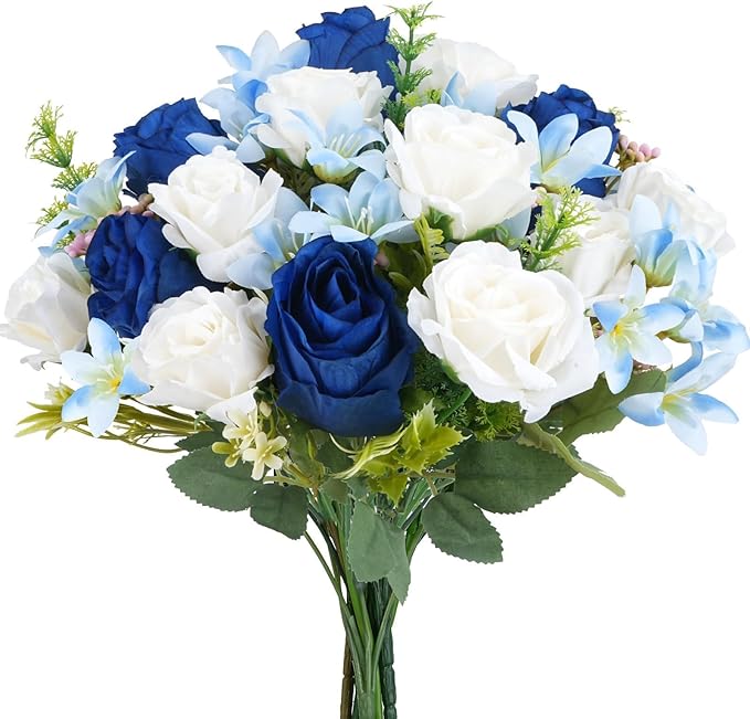 14" Fake Flower Bouquets Artificial Silk Rose Flowers Picks Decorations Faux White Blue Roses Floral Flower for Wedding Bride Spring Summer Table Centerpieces Home Kitchen Decor