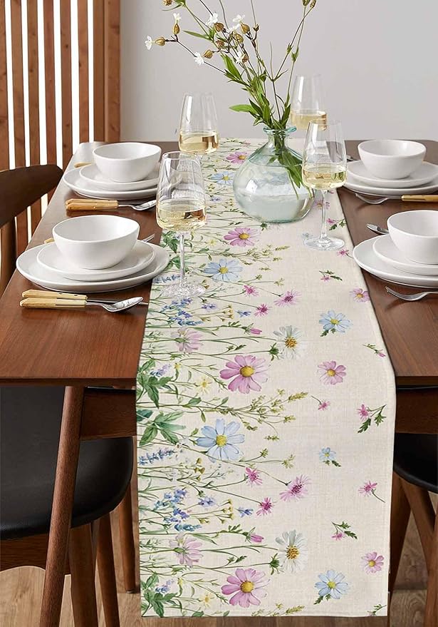 Vintage Wildflowers Cotton Linen Table Runner for Dining Kitchen, Wedding Outdoor Party Tablerunners Decoration, Farm Floral Pink Botanical Plants Dresser Scarf Coffee Tablecloth Runners 13x90 Inches