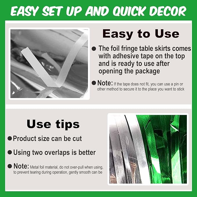 3 Pack 29 x108 Inch Silver Green Foil Fringe Table Skirts Metallic Banner for Tinsel Streamer Garland Backdrop for Parade Floats Mother's Day, Graduate, Birthday, Wedding Party Decoration
