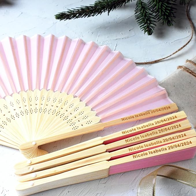 200 Pcs Personalized Pink Wedding Folding Fans for Guests, Custom Engraved Summer Wedding Fans, Folded Hand Fans for Wedding Favors, Vintage Silk Handheld Fans for Bridal Shower Decorations