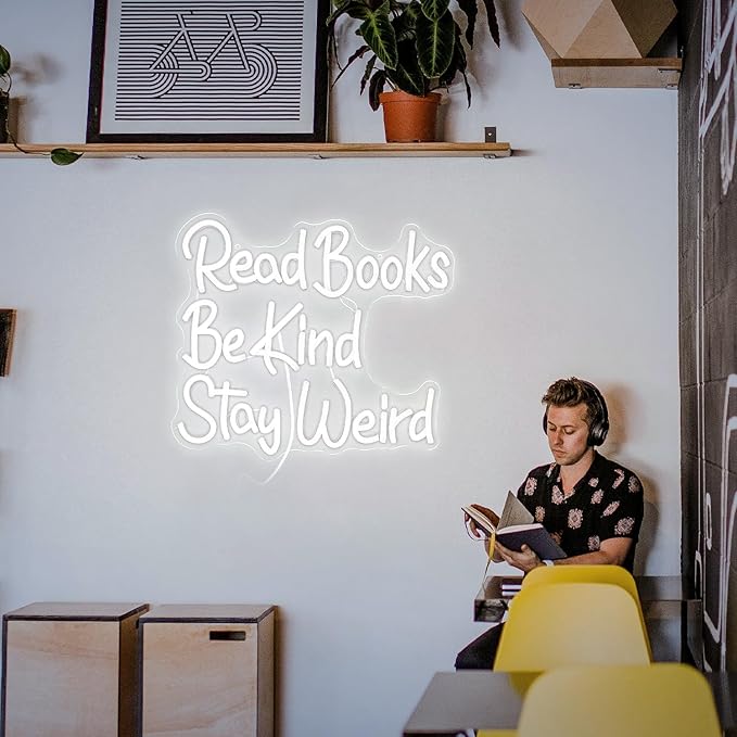 Read Books Be Kind Stay Weird Neon Sign Letter LED White Neon Lights Dimmable USB Powered 14.17’’X13’’Cool Wall Decorative Light Bedroom Bar Birthday Party Decoration Gifts （White)