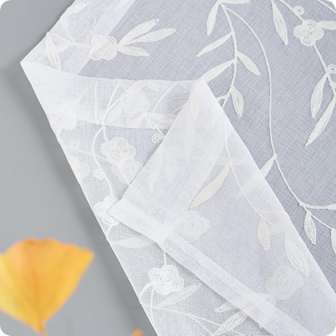 Sheer Curtains White 45 Inches Long Floral Embroidery Rod Pocket Voile Drapes for Living room, Bedroom, Window Treatments Semi Lace Outdoor Curtain Panels for Yard, Kitchen, Villa, Set of 2, 52"x 45".