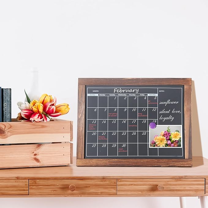 Magnetic Chalkboard Calendar for Wall Monthly Planner Board Wite Wood Frame Reusable Planning Blackboard for Record Daily Tasks List 16" x 24"