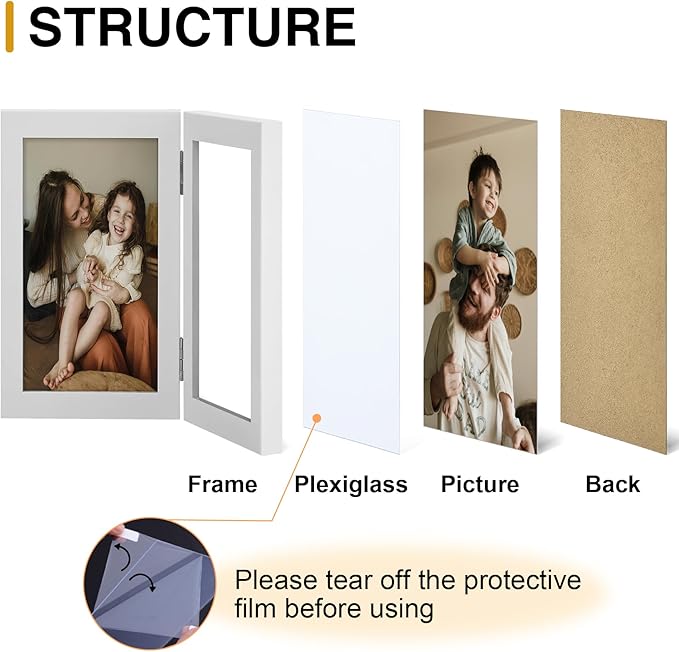 decorUhome Double 5x7 Picture Frame Vertical, Engineered Wood Bifold Photo Frame with Plexiglass for Tabletop Display, 5x7, White
