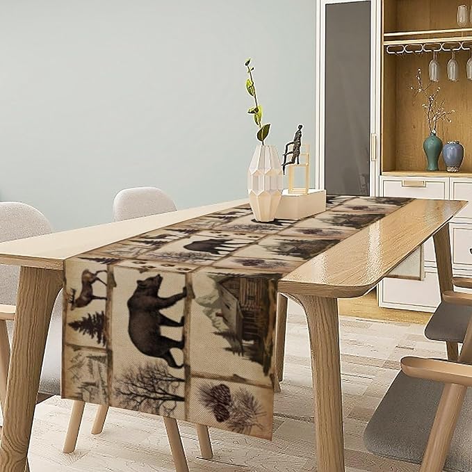 Rustic Cabin Table Runner, Retro Moose Cone Deer Bear Farmhouse Lodge Table Runner for Dinner Living Room Kitchen Vintage Country Cottage 13x108 Inch