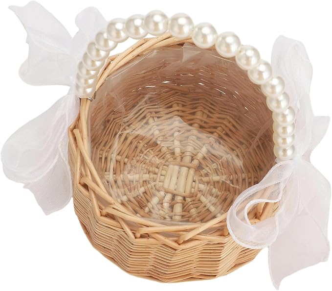 Wicker Rattan Flower Girl Basket Rustic Wedding Flower Girl Basket with Pearl Handle Small Flower Basket for Flower Girl Fairy Wedding Basket Handwoven Easter Baskets for Boys Girls Wedding (1 Pcs)