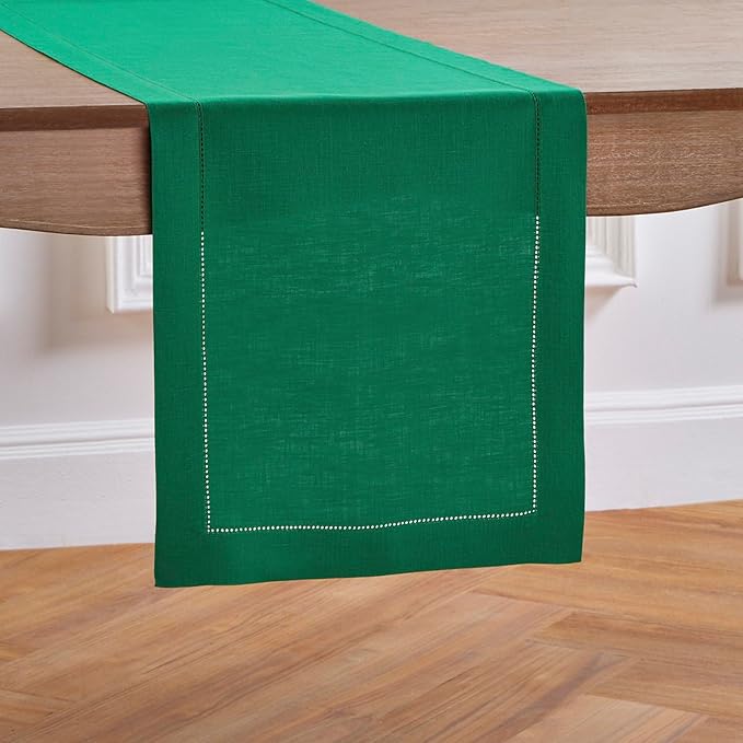 Solino Home Linen Table Runner 90 Inches Long - 100% Pure Linen Emerald Green Table Runner 14 x 90 Inch for Christmas - Classic Hemstitch