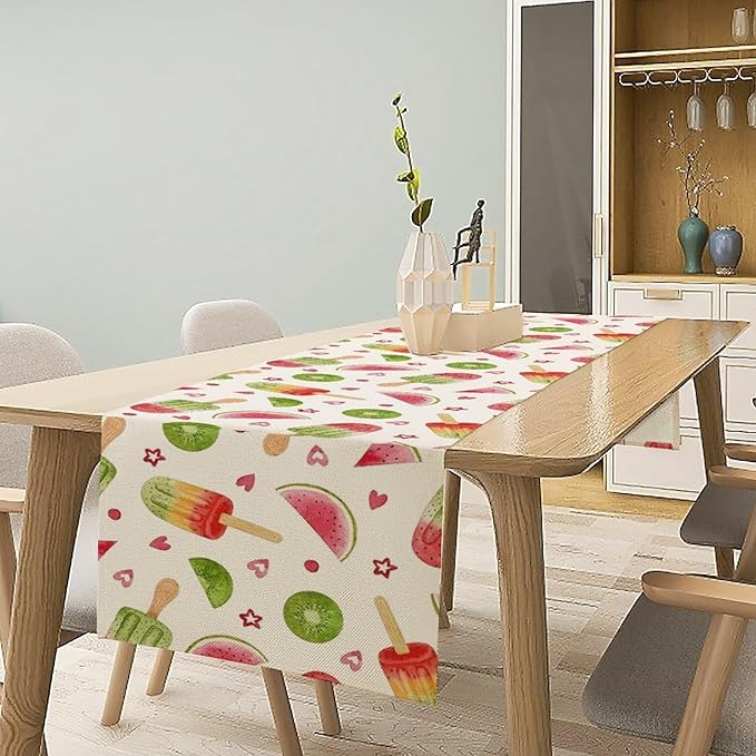 Summer Popsicles Table Runner, Colorful Watercolor Ice Cream Loves Heart Seasonal Dinner Runner for Party Holiday Home Kitchen Dining Table Decor 13"x108"