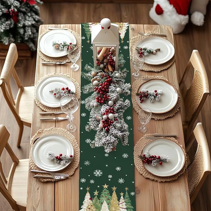 GEEORY Christmas Table Runner 13x36 Inch, Xmas Trees Snowflakes Holiday Decorative Farmhouse Table Decoration for Kitchen Dinning, Indoor Outdoor Dinner Party Decor (Green) GT152-36