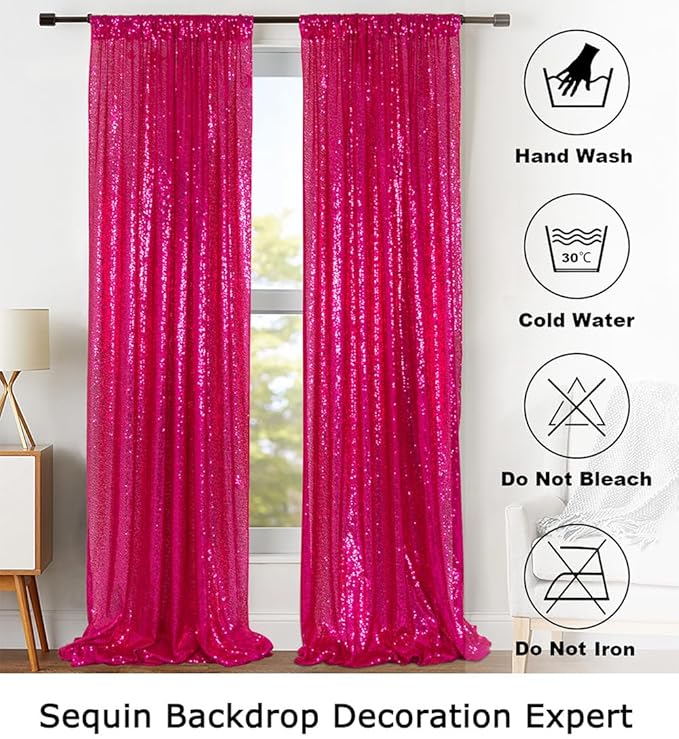 ShinyBeauty Sequin Curtains Hot Pink 2FTx8FT 4 Panels Sequin Photo Backdrop Shimmer Backdrop Fuchsia Glitter Curtains for Shower Sequins Backdrop Background