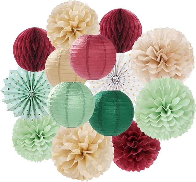 Sage-Olive Green Burgundy Champagne-Gold Party-Decorations - 14pcs Birthday Boho Paper Lanterns Fan Streamers,Tissue Pom Poms, Christmas Baby Bridal Shower Wedding Engagement Decor Lasting Surprise
