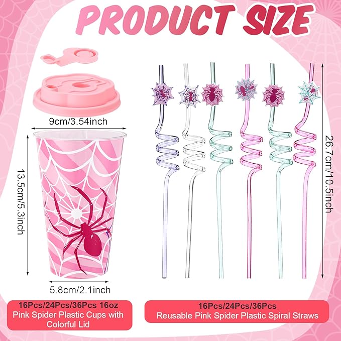 Yungyan 24 Sets Pink Spider Party Favors Goodie Cups with Lids and Straws for Halloween Party Decorations Reusable 16oz Plastic Candy Cups Plastic Straws for Birthday Gift (Pink Spider)