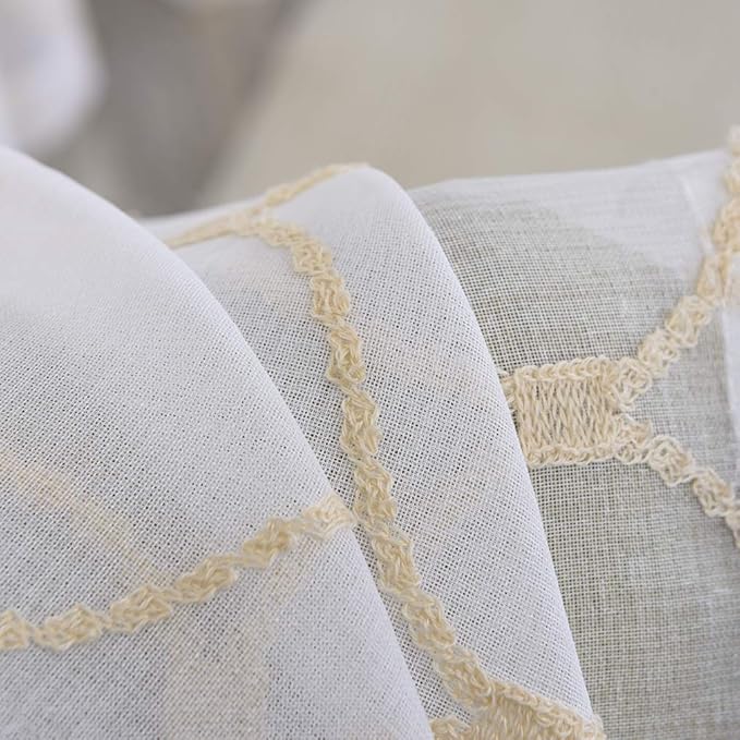 Embroidered Wave Diamond Sheer Curtains Gold 63 Inch Length, Rod Pocket Voile Drapes for Living room, Bedroom, Window Treatments Semi Curtain Panels for Yard, Patio, Villa, Parlor, Set of 2, 52"x 63".