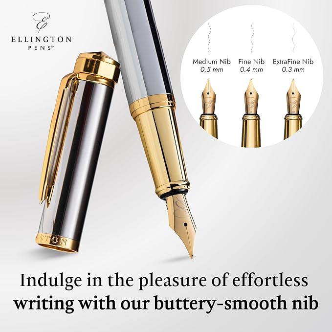 Ellington Pens Luxury Fountain Pen Set- Fountain Pens for Writing - Smooth Fine Nib - Includes Refillable Ink Converter, 3 Ink Cartridges [Black & Blue], Gift Box - Elegant Calligraphy