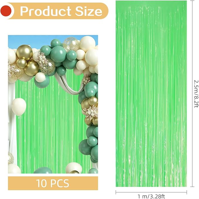 10 Pack Green Foil Curtain Backdrop 3.2ft x 8.2ft Macaron Tinsel Foil Fringe Curtains Streamer Photo Booth Backdrop for Birthday Party Baby Shower Engagement Wedding Holiday Decoration (Macaron Green)