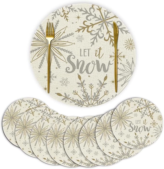 Artoid Mode Beige Snowflake Let It Snow Winter Placemats Set of 8, 14 Inch Seasonal Christmas Xmas Round Table Mats for Dining Decoration
