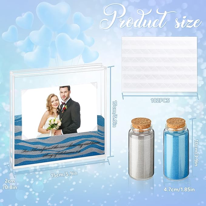 Sand Ceremony Kit for Wedding Includes Clear Acrylic Unity Sand Ceremony Photo Frame 2 Pack Photo Fixing Corner Stickers and 2 Glass Unity Holder for Wedding Home Decor(Blue, Gray)