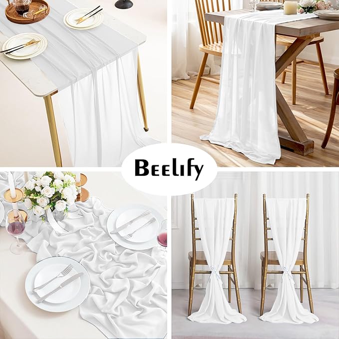 6 Pack 10 Ft Chiffon Table Runner White Gauze Long Table Runners 27x120 Inches Sheer Tulle Table Runner for Rustic Wedding Reception Bridal Shower Decorations Birthday Party