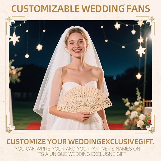 100pcs Personalized Wedding Fans for Guests - Custom Wooden Hand Fans with Names/Dates - Bulk Wedding Favors for Bridal Shower, Baby Shower & Parties (Wood, 100pcs)