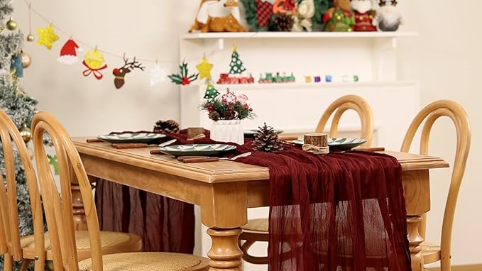 MLMW 4 Pack Christmas Table Runner Cheesecloth Burgundy Boho Cheese Cloth 160 inch Gauze Rustic Sheer Table Runner 13.3ft for Party Wedding Baby Bridal Shower Birthday