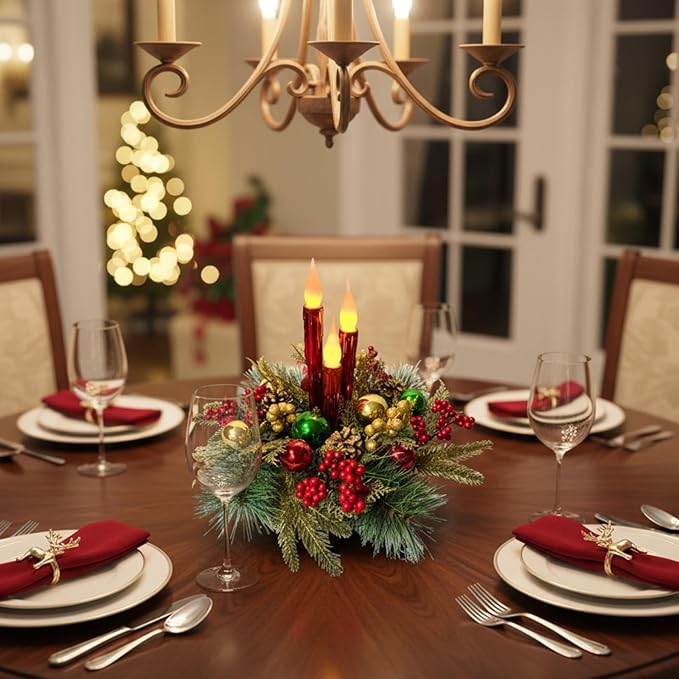 Christmas Floral Arrangement Centerpiece with 3 Flameless LED Candles, Battery Operated Lighted Holiday Table Decoration with Pine, Berries & Ornaments Holiday Winter Decorations