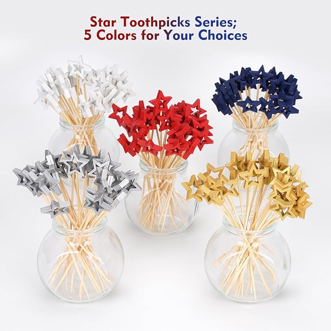 Minisland Big White Star Cocktail Picks, 5.5 Inch Long Bamboo Fancy Toothpicks for Appetizers, Decorative Independence Day Christmas Party Food Drinks Garnish Fruit Skewer Sticks 50 Counts - MSL434