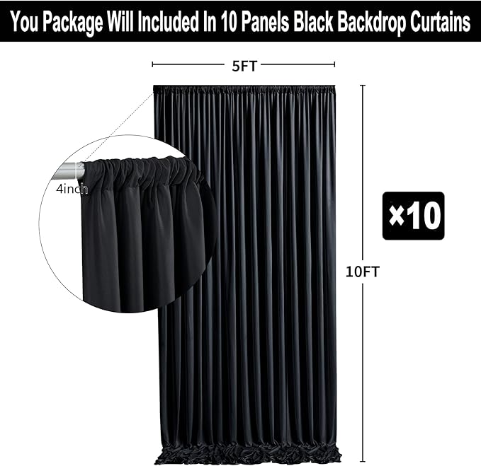 50ft x 10ft Thick Champagne Backdrop Curtains for Parties, 10 Panels 5ft x 10ft Non See Through Black Polyester Wedding Drapes Photo Backdrop for Birthday Party Graudation Photography Home Decor