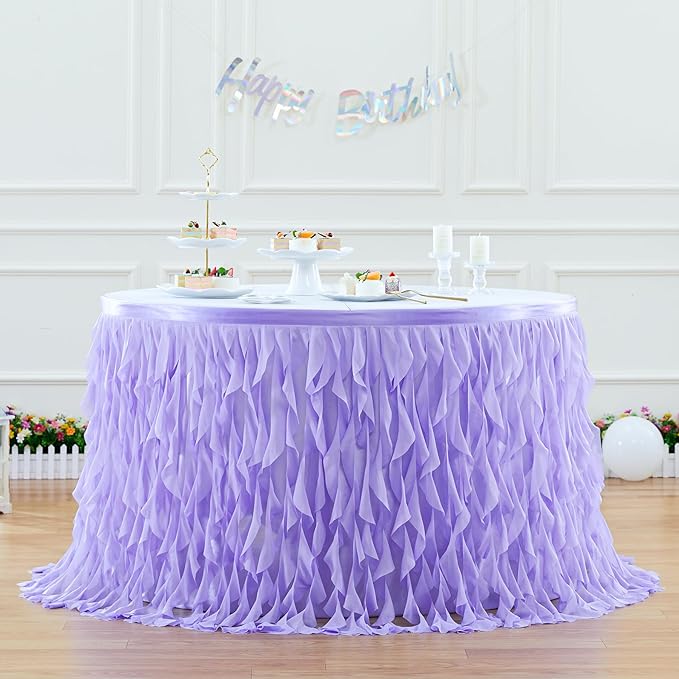 PARTISKY Lavender Purple Tulle Curly Willow Table Skirt for Rectangle Table 14ft, Ruffle Tutu Table Cloth for Girls Boys Baby Shower,Mermaid Birthday Party