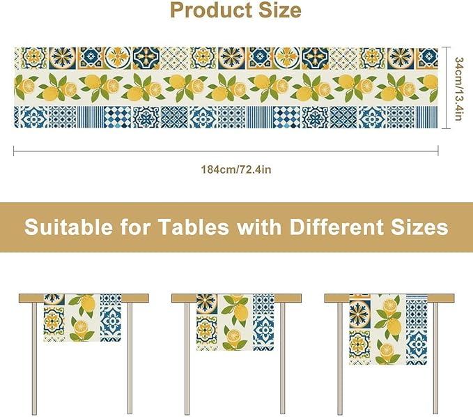 Lemon Table Runner,Watercolor Blue Fruits Green Leaves Print Table Cloth Kitchen Dining Table Home Party Decoration 13x36 Inch