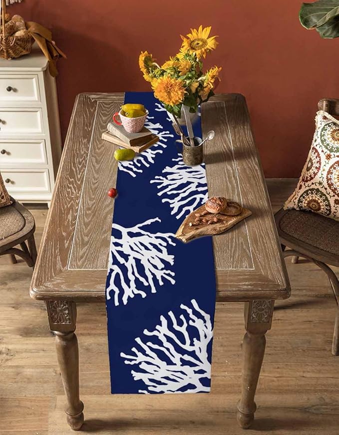 Coastal Coral Cotton Linen Table Runner for Dining Kitchen, Wedding Outdoor Party Tablerunners Decoration, Navy Blue Nautical Ocean Beach Dresser Scarf Coffee Tablecloth Runners 13x36 Inches