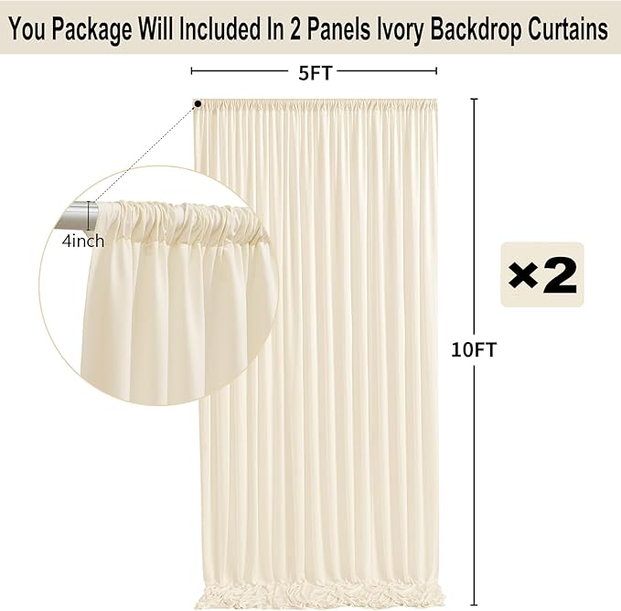 10ft x 10ft Thick Ivory Backdrop Curtains for Parties, 2 Panels 5ft x 10ft Non See Through Ivory Polyester Wedding Drapes Photo Backdrop for Birthday Party Graudation Photography Home Decor