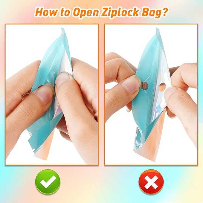 Funfery 100 Pack Gradient Holographic Bags,Mylar Resealable Bag with Zipper,Clear Window Packaging Pouch,Smell Proof Foil Bag for Food Storage,Sample Jewelry Baggies(6.3x9.4In,Blue Orange)