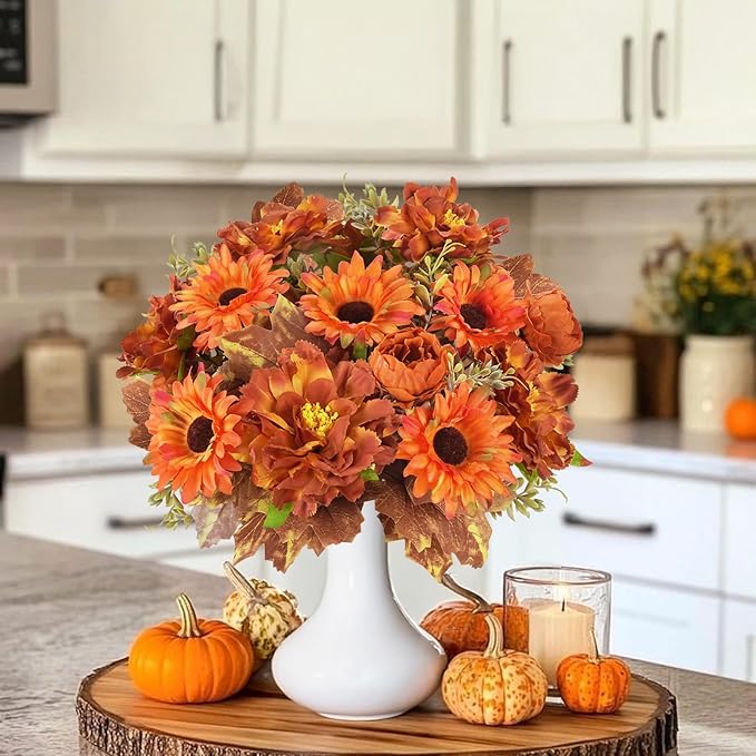 6 Pcs Fall Flowers Artificial for Decoration Silk Burnt Orange Flowers Fall Artificial Sunflowers Bouquet with Fall Leaves Stems 13 Inch Mixed Bush for Outdoor Decoration Cemetery Grave Autumn