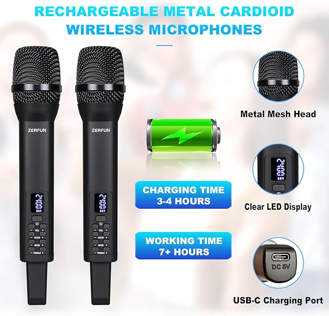Dual Rechargeable Wireless Microphones, Pro Handheld Cordless Mics System with Echo Treble BASS VOL Control for Karaoke Singing Church Party, 1/4'' Output, Black