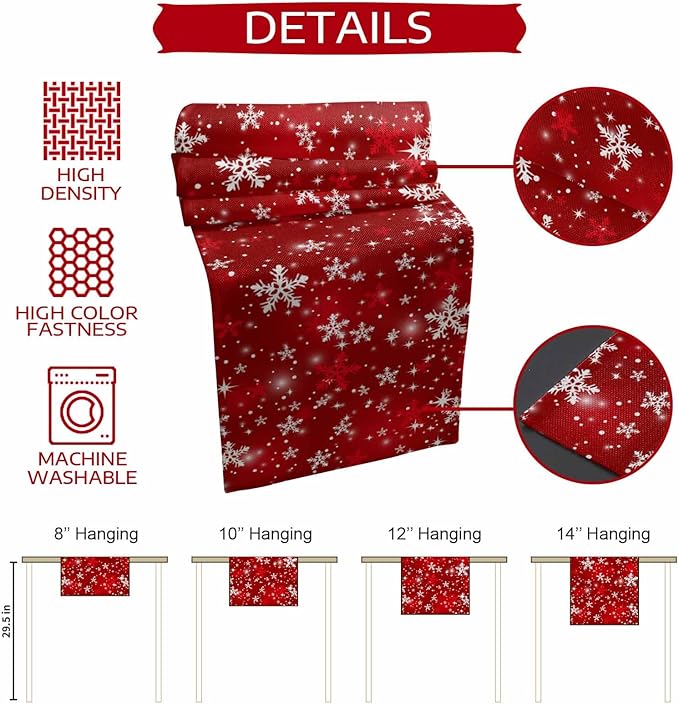 Christmas Snowflakes Cotton Linen Table Runner for Dining Kitchen, Red Xmas Winter Snow Wedding Outdoor Party Tablerunners Decoration, New Year Dresser Scarf Coffee Tablecloth Runners 13x48 Inches