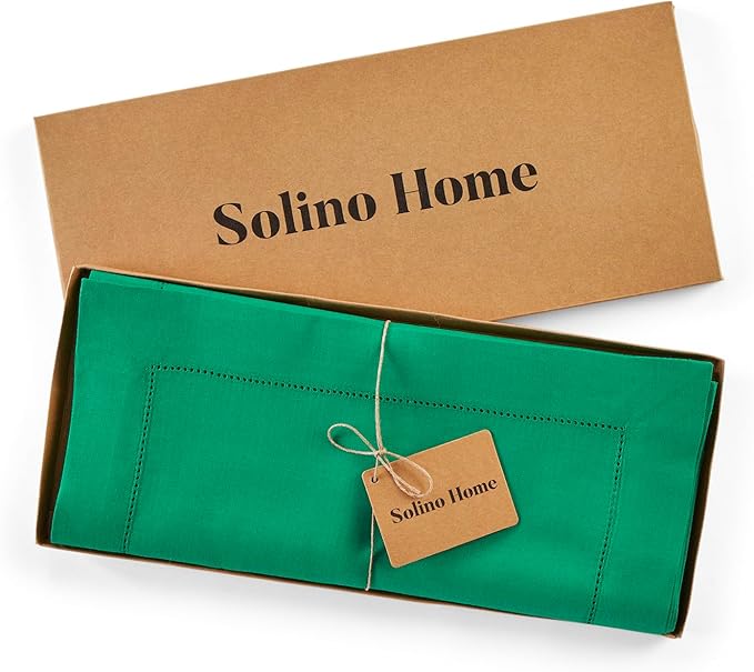 Solino Home Linen Hemstitch Table Runner 108 Inches Long - 100% Pure Linen Emerald Green Table Runner 14 x 108 Inch for Christmas - Classic Hemstitch